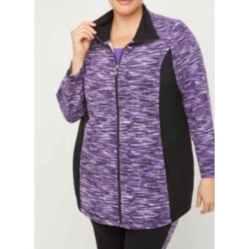 Catherines Purple Space-Dye Zip Front Long Jacket with Black Panels